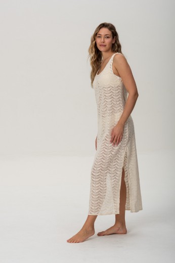 Imagen de Arena - Vestido Calado de Algodón Crudo