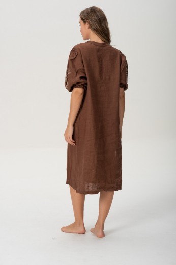 Imagen de Pampa - Vestido de Lino Bordado con Mangas Abullonadas Chocolate