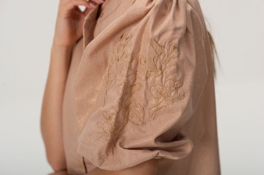 Imagen de Pampa - Vestido de Lino Bordado con Mangas Abullonadas Rosa Brillo
