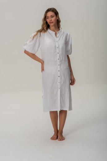 Imagen de Pampa - Vestido de Lino Bordado con Mangas Abullonadas Blanco