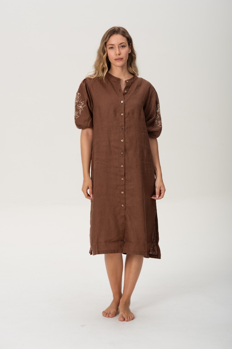 Imagen de Pampa - Vestido de Lino Bordado con Mangas Abullonadas Chocolate
