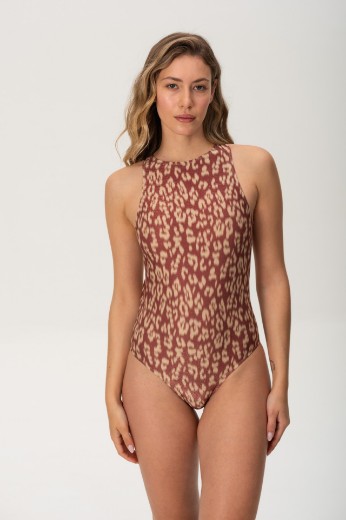 Imagen de Tokio - Malla Entera Escote Cerrado Estampado Animal Print Brillo