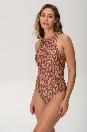 Imagen de Tokio - Malla Entera Escote Cerrado Estampado Animal Print Brillo