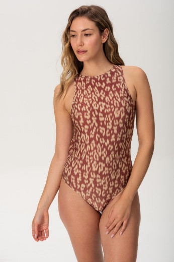 Imagen de Tokio - Malla Entera Escote Cerrado Estampado Animal Print Brillo