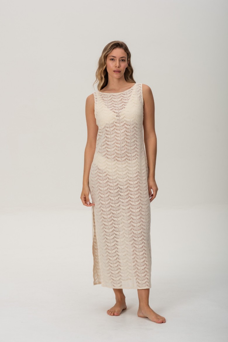 Imagen de Arena - Vestido Calado de Algodón Crudo