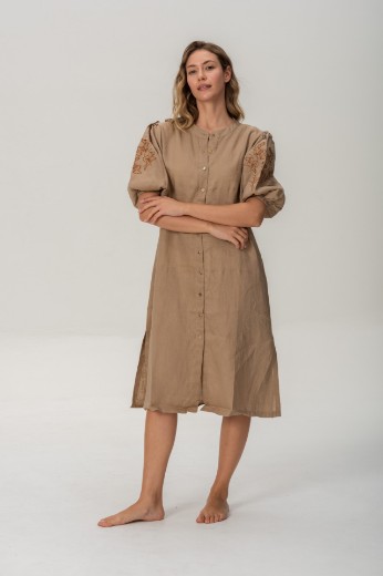Imagen de Pampa - Vestido de Lino Bordado con Mangas Abullonadas Beige