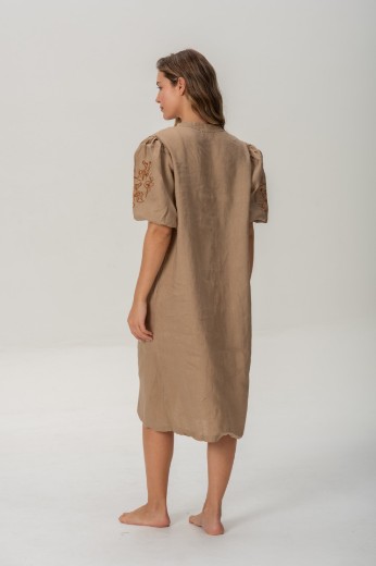 Imagen de Pampa - Vestido de Lino Bordado con Mangas Abullonadas Beige