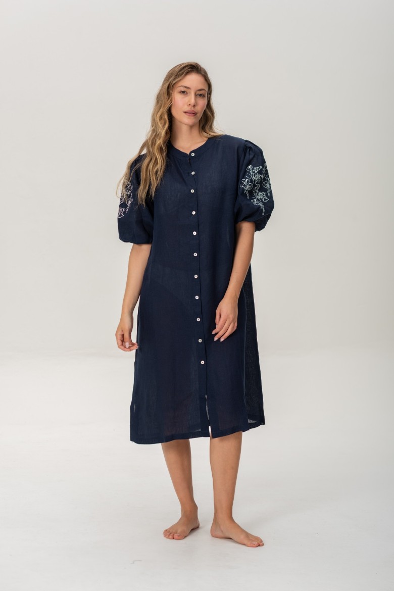 Imagen de Pampa - Vestido de Lino Bordado con Mangas Abullonadas Marino