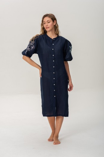 Imagen de Pampa - Vestido de Lino Bordado con Mangas Abullonadas Marino