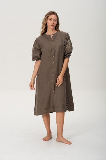 Imagen de Pampa - Vestido de Lino Bordado con Mangas Abullonadas Verde Oliva