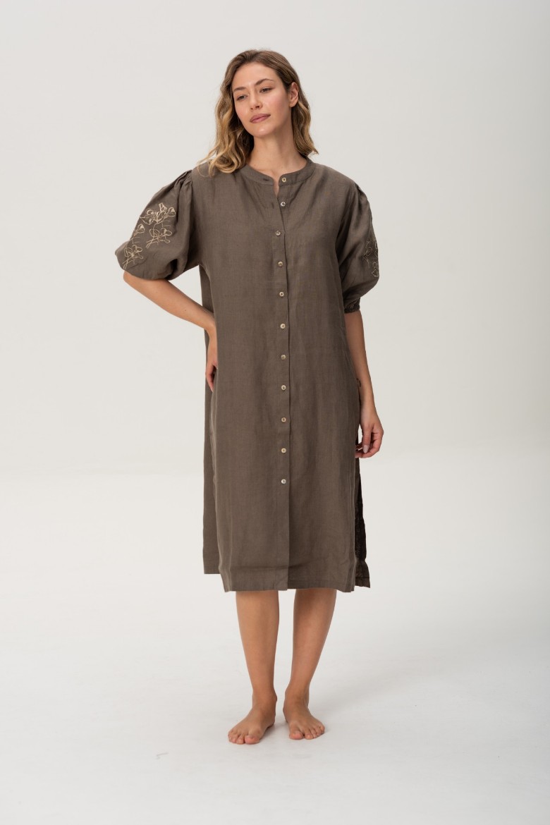 Imagen de Pampa - Vestido de Lino Bordado con Mangas Abullonadas Verde Oliva