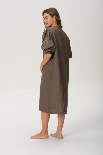 Imagen de Pampa - Vestido de Lino Bordado con Mangas Abullonadas Verde Oliva