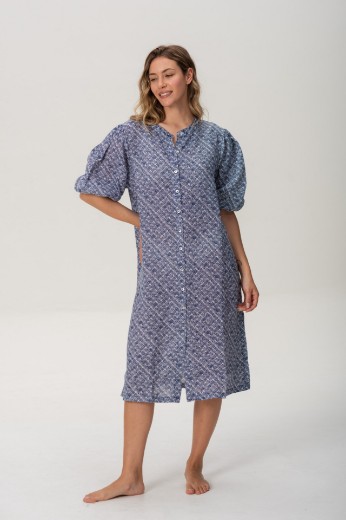 Imagen de Pampa - Vestido de Lino con Mangas Abullonadas Estampado Azul