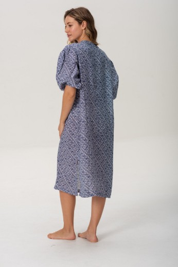 Imagen de Pampa - Vestido de Lino con Mangas Abullonadas Estampado Azul
