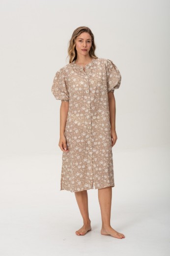 Imagen de Pampa - Vestido de Lino con Mangas Abullonadas Estampado Beige