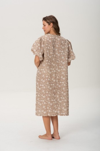Imagen de Pampa - Vestido de Lino con Mangas Abullonadas Estampado Beige