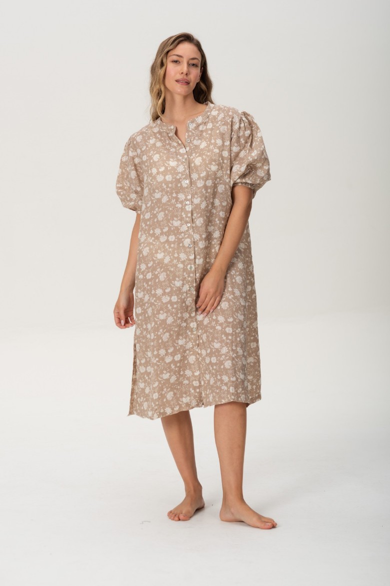Imagen de Pampa - Vestido de Lino con Mangas Abullonadas Estampado Beige