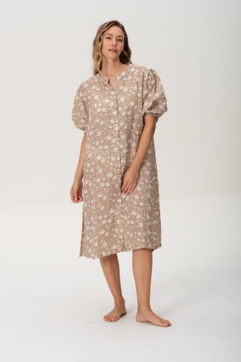 Imagen de Pampa - Vestido de Lino con Mangas Abullonadas Estampado Beige