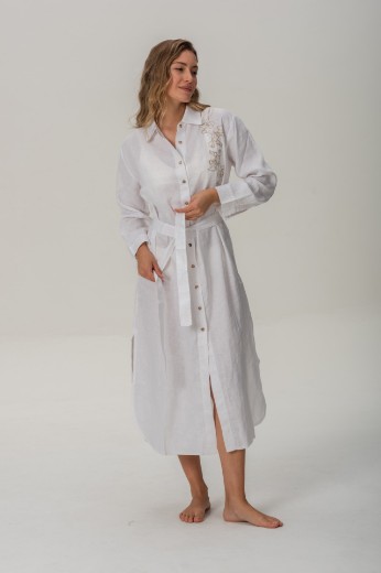 Imagen de Brisa - Vestido Camisero de Lino Bordado Blanco
