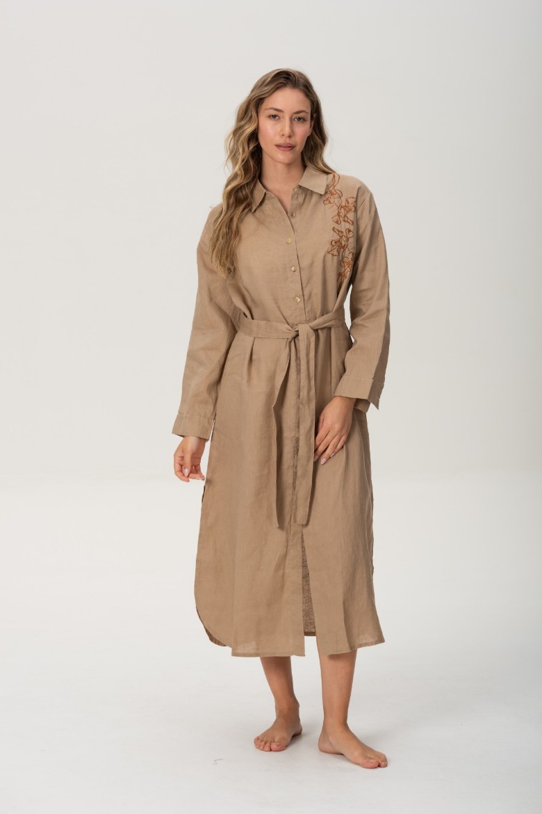 Imagen de Brisa - Vestido Camisero de Lino Bordado Beige