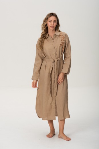 Imagen de Brisa - Vestido Camisero de Lino Bordado Beige