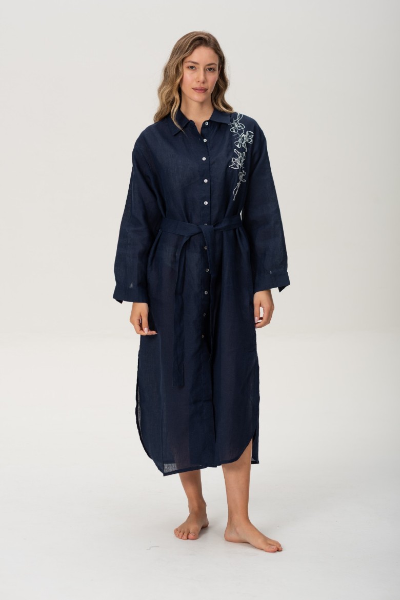 Imagen de Brisa - Vestido Camisero de Lino Bordado Marino