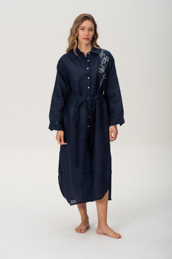 Imagen de Brisa - Vestido Camisero de Lino Bordado Marino