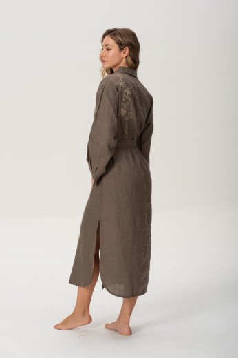 Imagen de Brisa - Vestido Camisero de Lino Bordado Verde Oliva