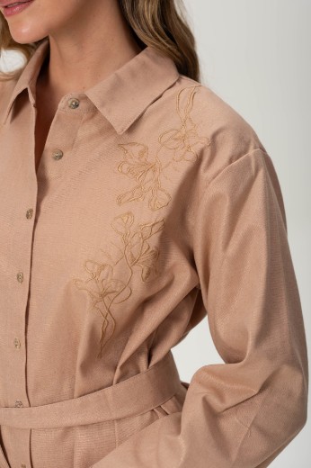 Imagen de Brisa - Vestido Camisero de Lino Bordado Rosa Brillo