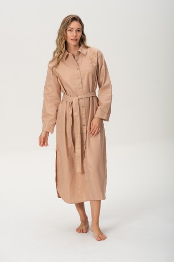 Imagen de Brisa - Vestido Camisero de Lino Bordado Rosa Brillo
