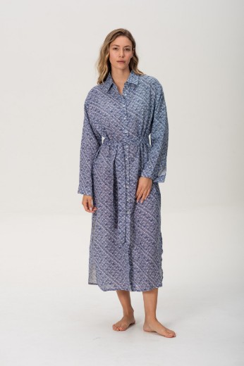 Imagen de Brisa - Vestido Camisero de Lino Estampado Azul