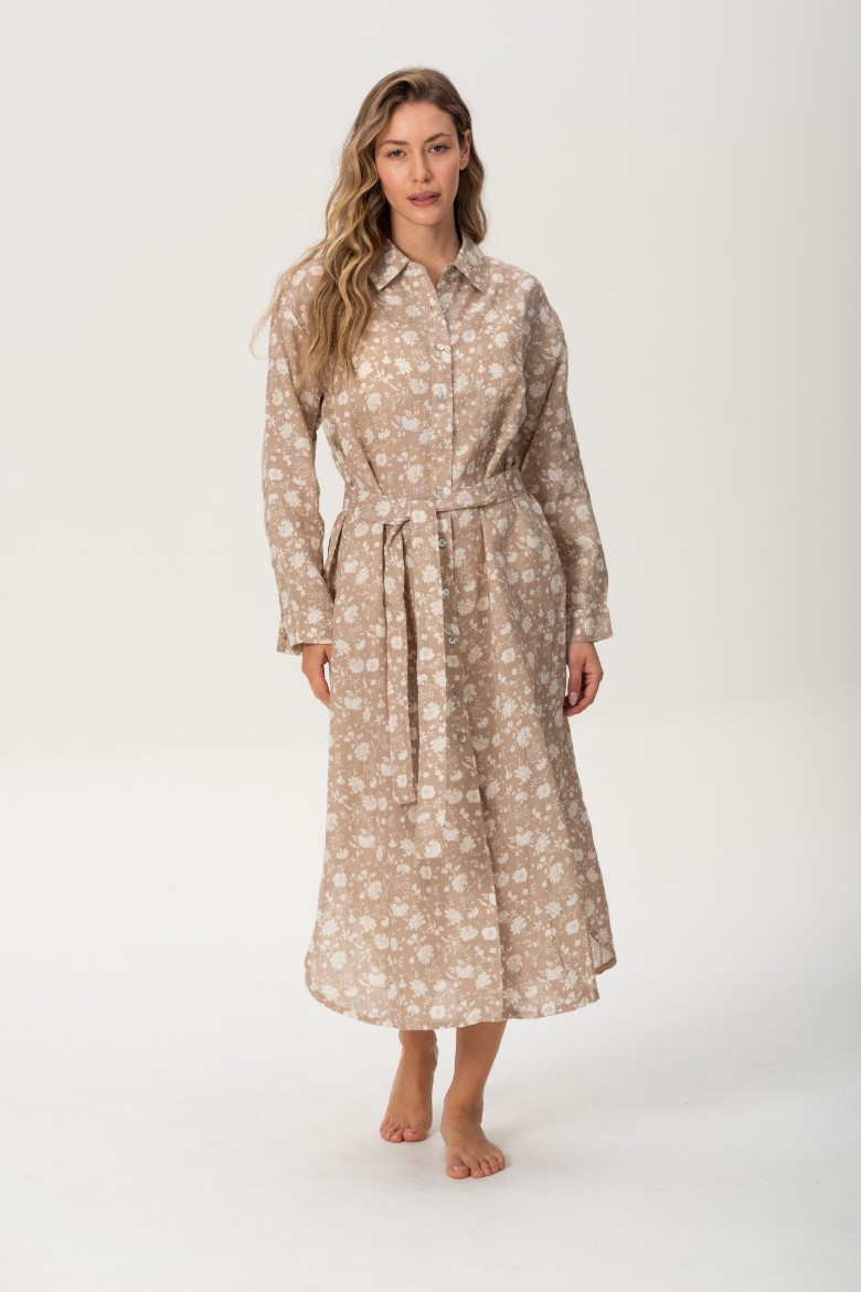 Imagen de Brisa - Vestido Camisero de Lino Bordado Estmapado Beige