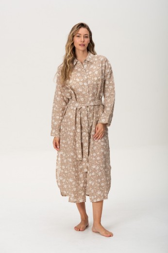 Imagen de Brisa - Vestido Camisero de Lino Bordado Estmapado Beige