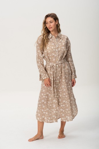Imagen de Brisa - Vestido Camisero de Lino Bordado Estmapado Beige