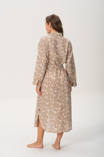 Imagen de Brisa - Vestido Camisero de Lino Bordado Estmapado Beige