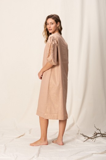 Imagen de Pampa - Vestido de Lino Bordado con Mangas Abullonadas Rosa Brillo