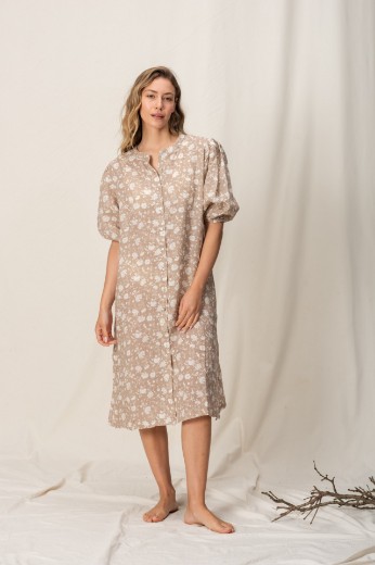 Imagen de Pampa - Vestido de Lino con Mangas Abullonadas Estampado Beige