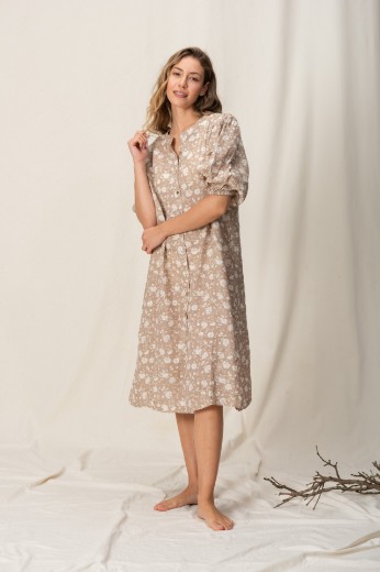 Imagen de Pampa - Vestido de Lino con Mangas Abullonadas Estampado Beige