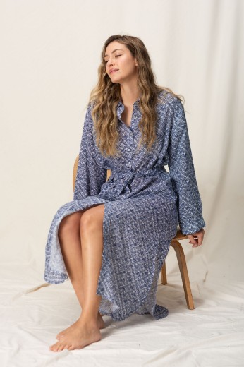 Imagen de Brisa - Vestido Camisero de Lino Estampado Azul
