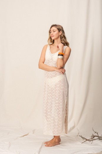 Imagen de Arena - Vestido Calado de Algodón Crudo
